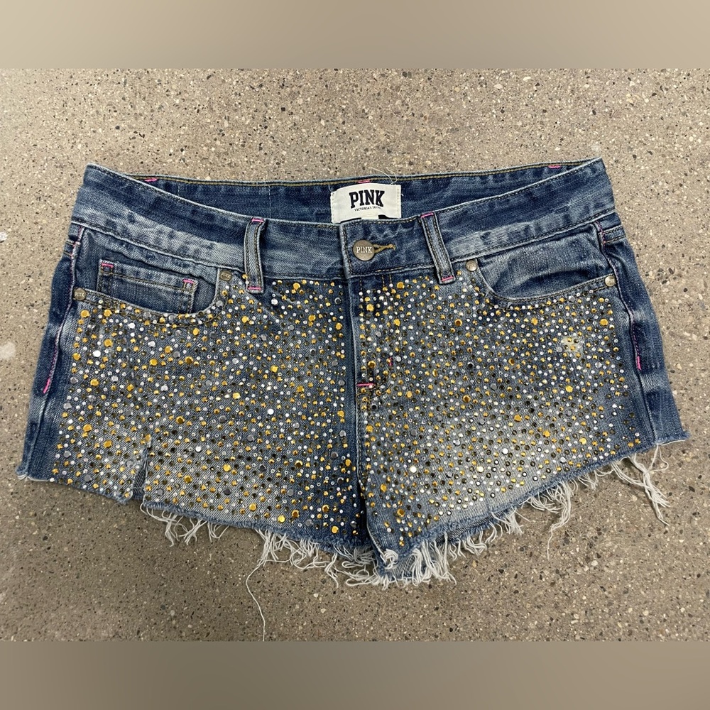 Victoria Secret Pink Bling Denim Jean Shorts Rhinestone Size 5 Vintage Y2K